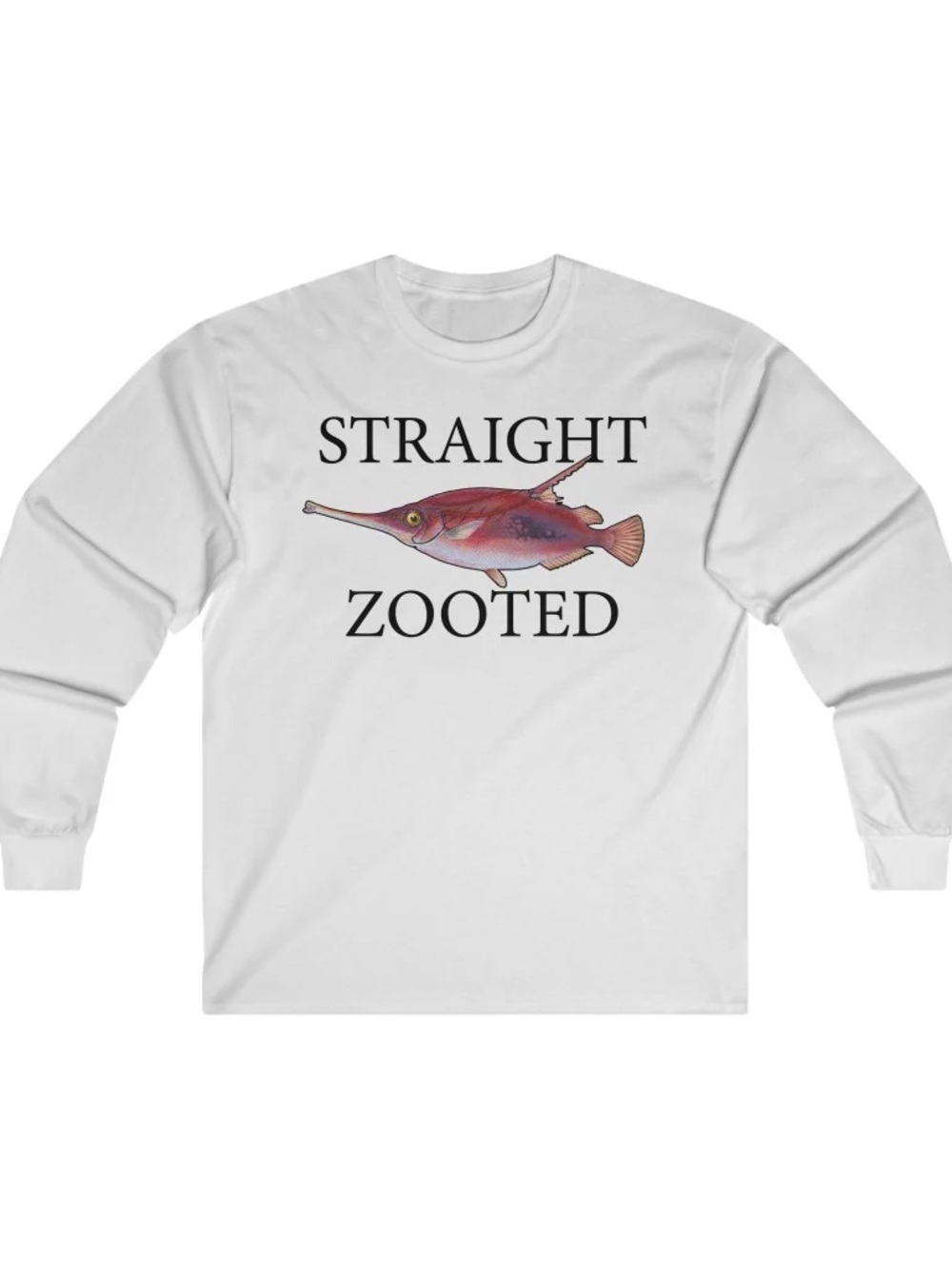 White Crewneck Long-Sleeve with Pink/Red Fish Graphic